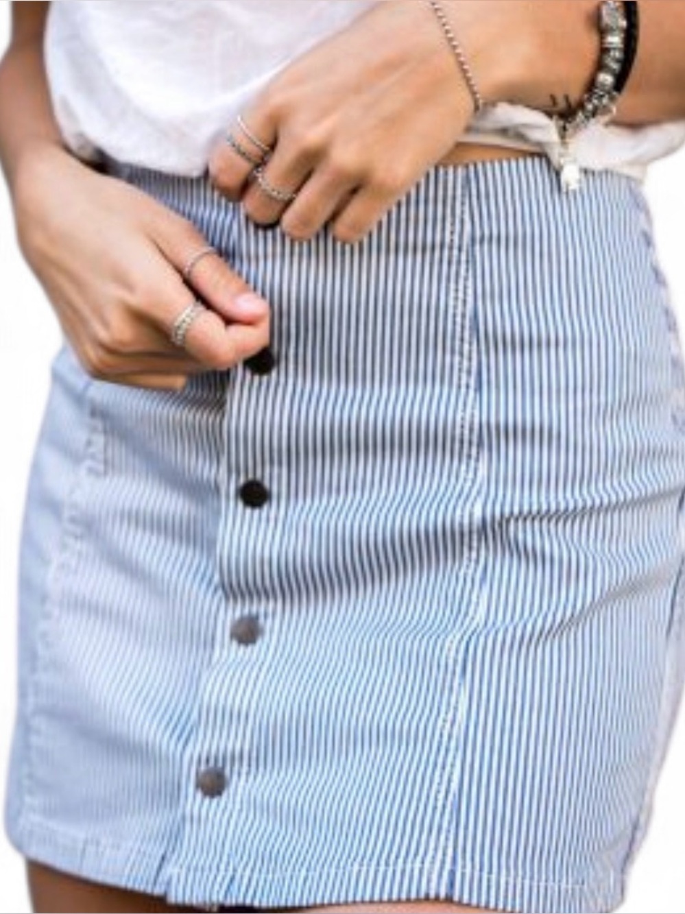 Subdued Blue & White Pinstripe Button Front Mini Skirt Size US 4 / EU